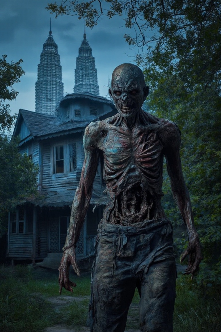 A half-medium shot of a zombie,  its decaying body and tattered clothing visible from the waist up. The zombie stands with...