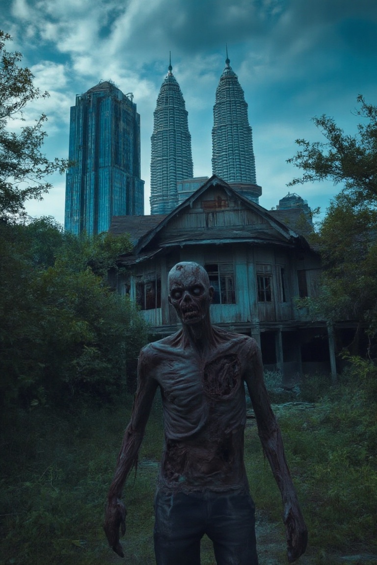 A half-medium shot of a zombie,  its decaying body and tattered clothing visible from the waist up. The zombie stands with...