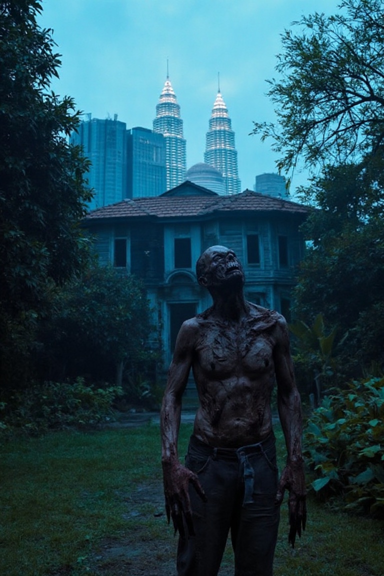A portrait shot of a zombie,  its decaying body and tattered clothing visible from the waist up. The zombie stands with a...