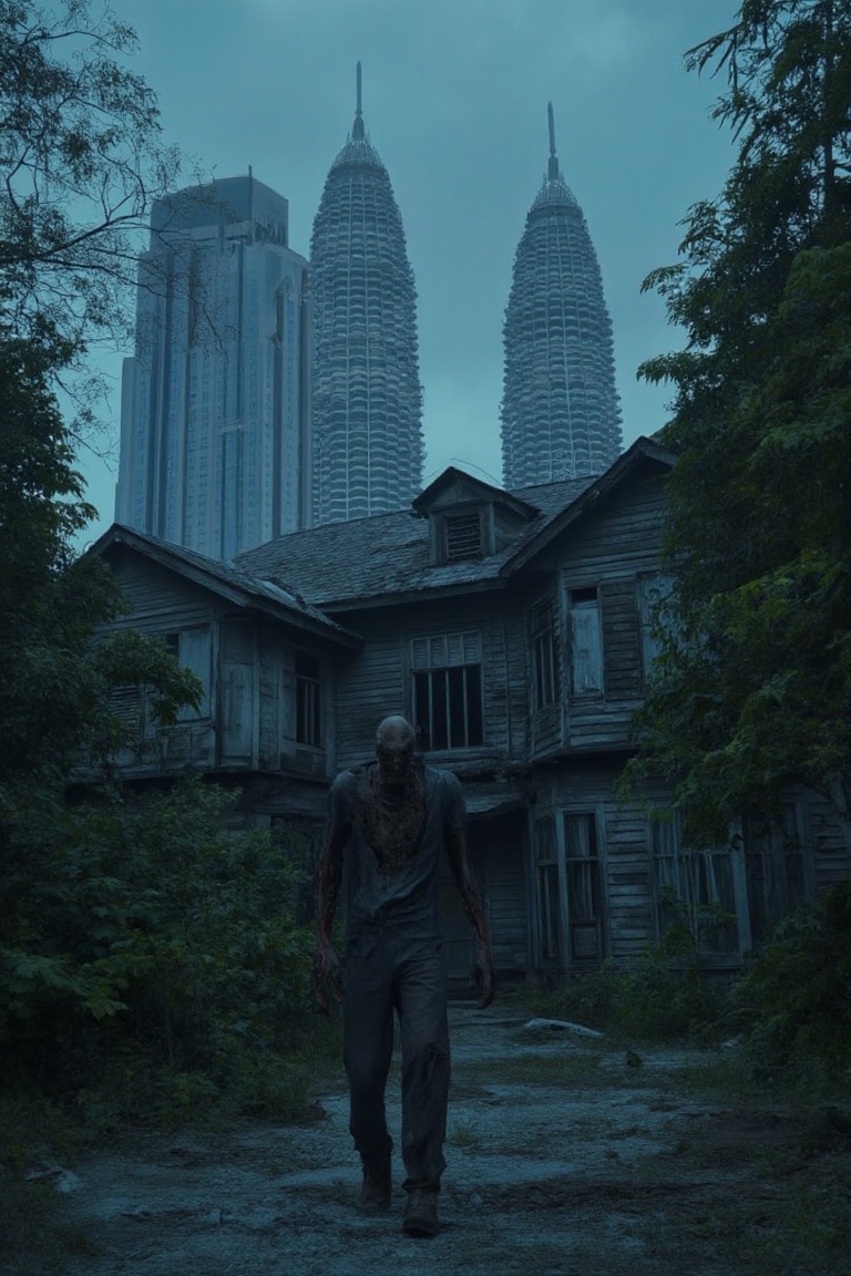 A half-medium shot of a zombie,  its decaying body and tattered clothing visible from the waist up. The zombie stands with...