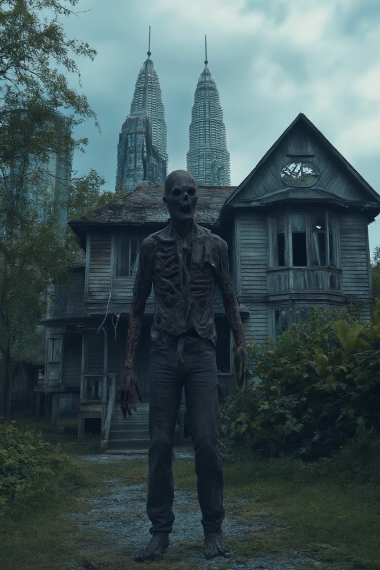 A half-medium shot of a zombie,  its decaying body and tattered clothing visible from the waist up. The zombie stands with...