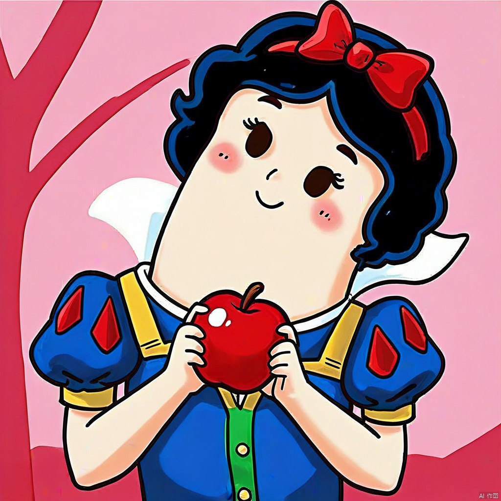 1girl, solo, blush, smile, short hair, black hair, bow, holding, short sleeves, hair bow, food, puffy sleeves, puffy short sleeves, cosplay, fruit, holding food, apple, holding fruit