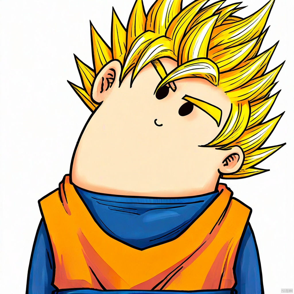 solo, smile, blonde hair, simple background, shirt, 1boy, white background, upper body, male focus, black eyes, spiked hair, arms at sides, male child, dougi, super saiyan, super saiyan 1, son goku