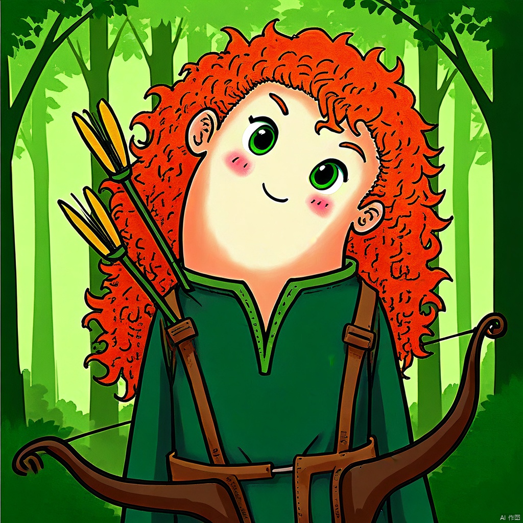 1girl, solo, long hair, looking at viewer, blush, smile, closed mouth, green eyes, weapon, red hair, outdoors, orange hair, tree, nature, forest, curly hair, bow \(weapon\), arrow \(projectile\)