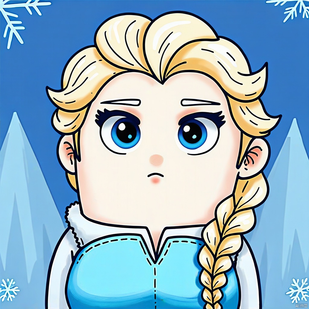1girl, solo, blue eyes, blonde hair, braid, chibi, single braid, blue background, parody, looking up, meme, elsa \(frozen\)