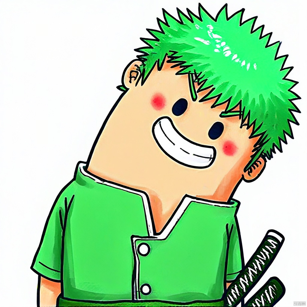 solo, blush, smile, simple background, shirt, 1boy, white background, weapon, male focus, green hair, sword, grin, katana, roronoa zoro
