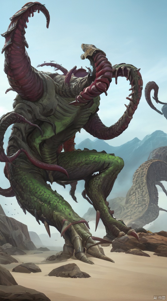 Eldrazi,teeth,no humans,claws,sky,outdoors,monster,mountain,abomination,tentacles,8k, masterpiece, best quality, amazing quality, very aesthetic, absurdres,extra eyes,skull,