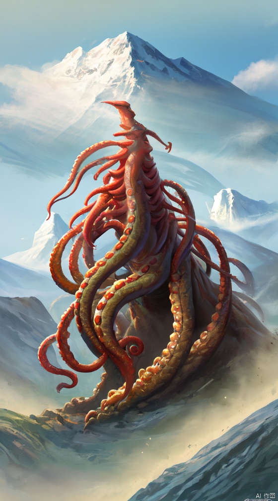 Eldrazi,teeth,no humans,claws,sky,outdoors,monster,mountain,abomination,tentacles,8k, masterpiece, best quality, amazing quality, very aesthetic, absurdres,extra eyes,skull,