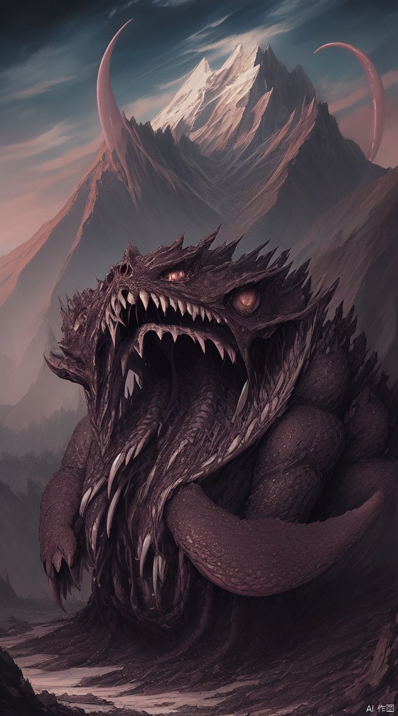 Eldrazi,teeth,no humans,claws,sky,outdoors,monster,mountain,abomination,tentacles,8k, masterpiece, best quality, amazing quality, very aesthetic, absurdres,extra eyes,skull,