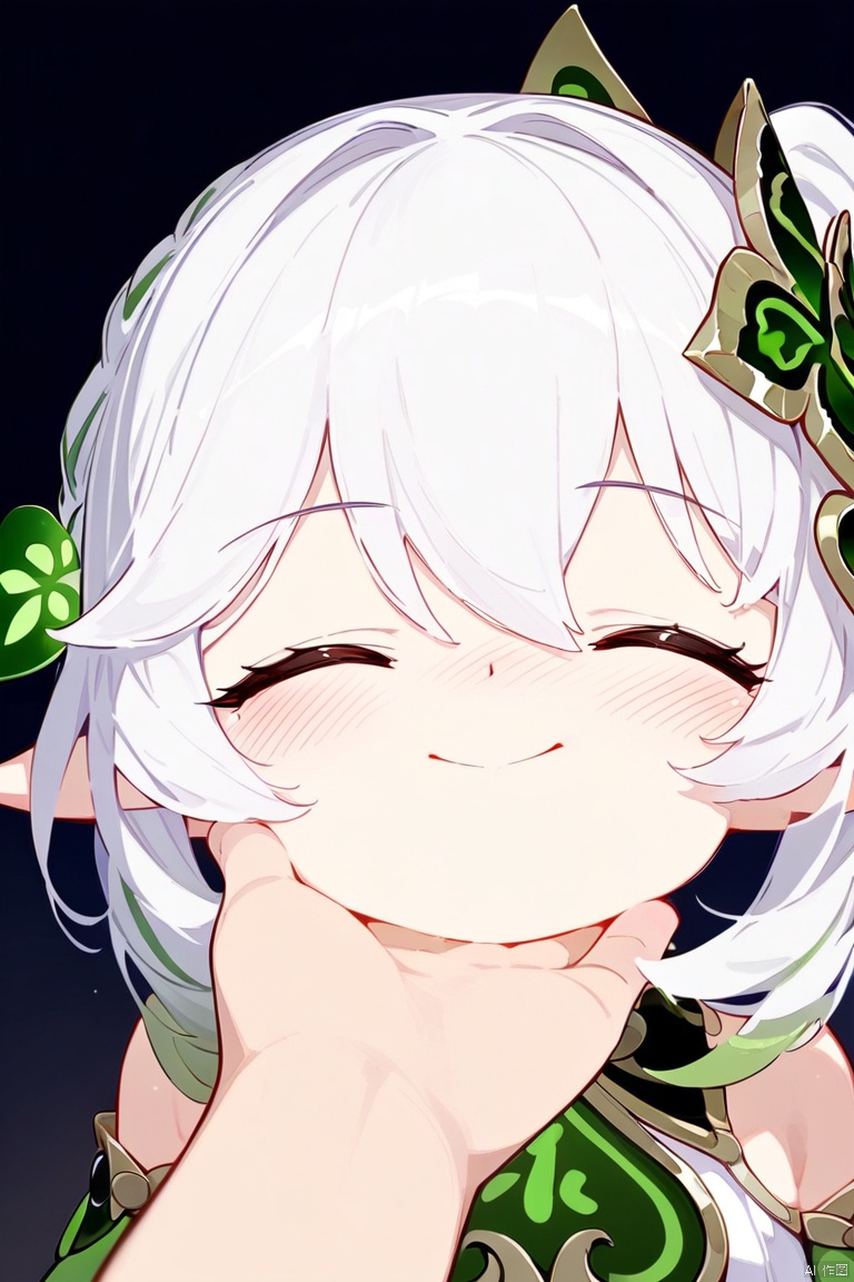 1girl, long hair, blush, smile, bangs, hair ornament, white background, hair between eyes, bare shoulders, closed mouth, closed eyes, white hair, multicolored hair, green hair, solo focus, pointy ears, side ponytail, gradient hair, pov, 1other, female child, pov hands, hand on another's chin, nahida \(genshin impact\),loli,