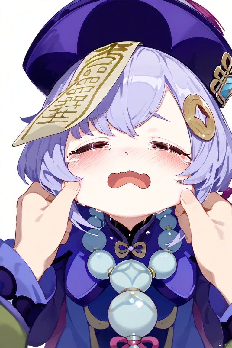 1girl, blush, open mouth, bangs, hair ornament, long sleeves, 1boy, dress, jewelry, closed eyes, purple hair, solo focus, tears, necklace, blue dress, pov, crying, tearing up, beads, ofuda, pov hands, jiangshi, bead necklace, pinching, qing guanmao, cheek pinching, coin hair ornament, cheek pull, qiqi \(genshin impact\),loli,