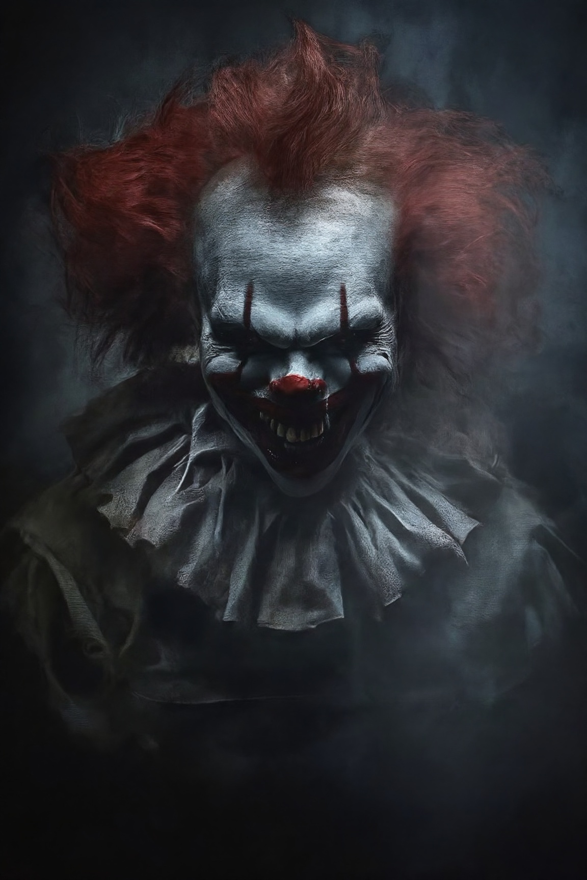 The image is a close-up of a clown's horror face. The clown has a menacing expression with sharp teeth and red eyes. Its h...