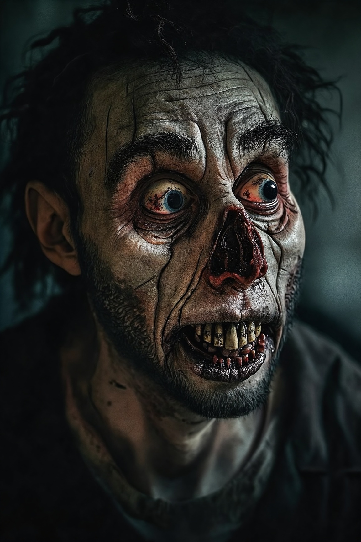 Horror face of a man looking at the viewer,  distorted eyes,  deformed face appearance on Tensor.Art