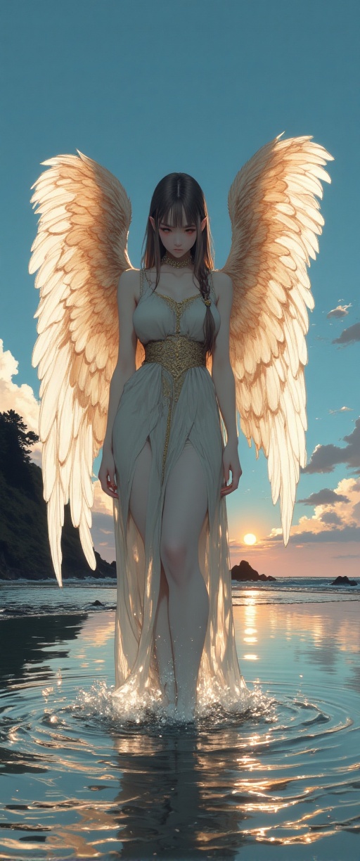 An ethereal angel standing in shallow water at sunset,  her resplendent wings spread wide against a cerulean sky imbued wi...