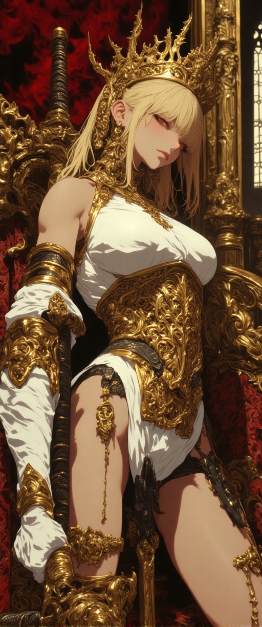 A majestic teenage blonde warrior stands resplendent within a lavish palace interior,  her gleaming white dress armor ador...
