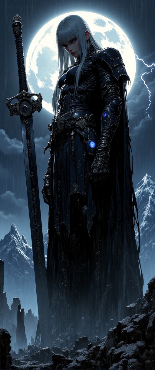 A majestic Dark Lordy stands tall,  surrounded by an ominous full moon,  . Lightning crackles in the darkened sky on Tenso...