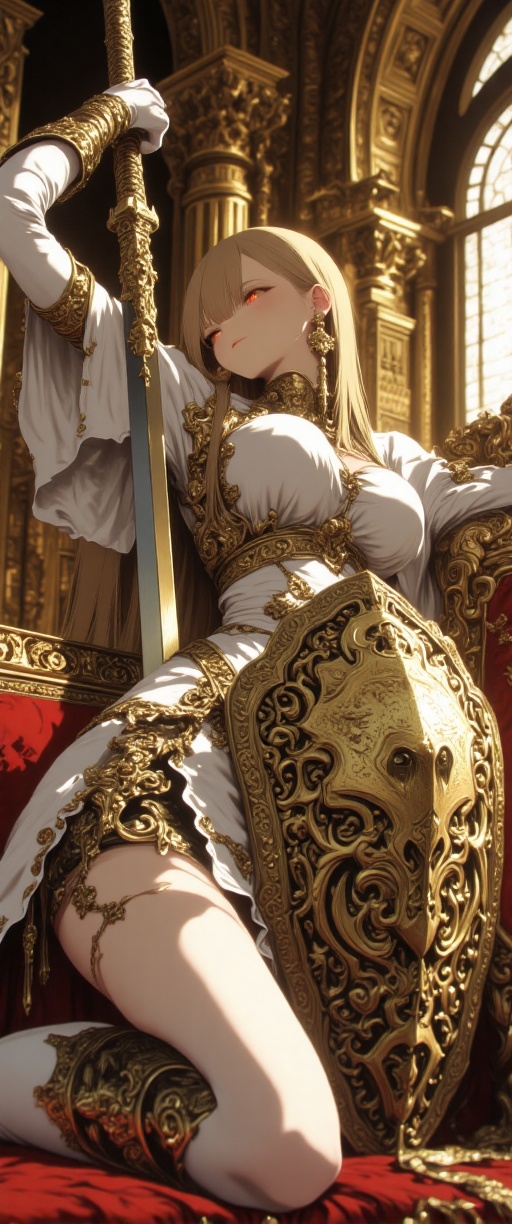 A majestic teenage blonde warrior stands resplendent within a lavish palace interior,  her gleaming white dress armor ador...