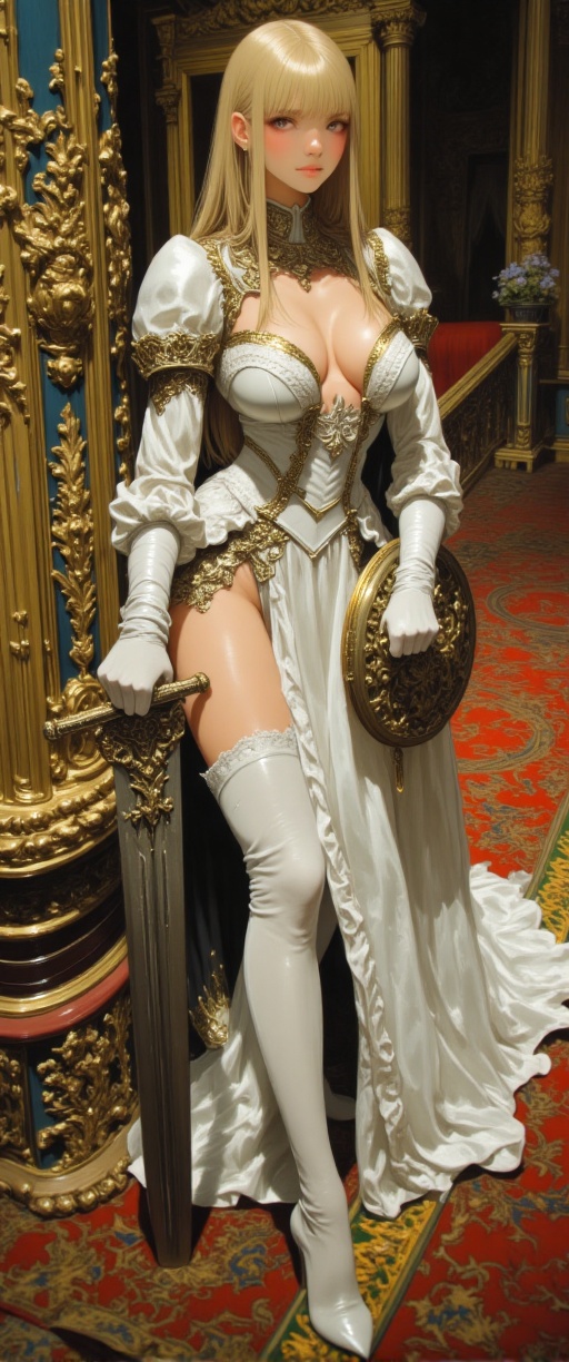 A majestic teenage blonde warrior stands resplendent within a lavish palace interior,  her gleaming white dress armor ador...