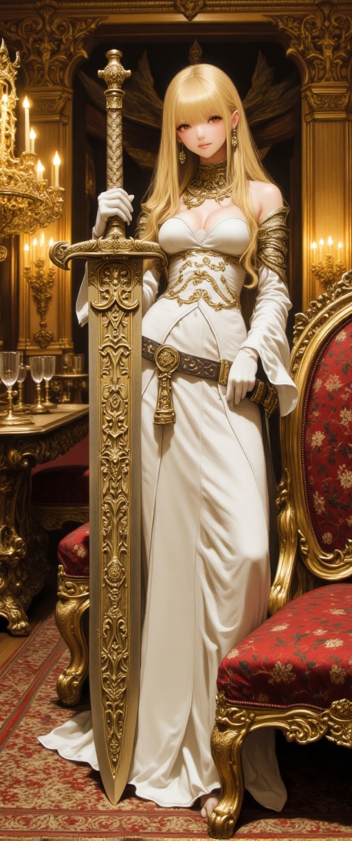 A majestic teenage blonde warrior stands resplendent within a lavish palace interior,  her gleaming white dress armor ador...