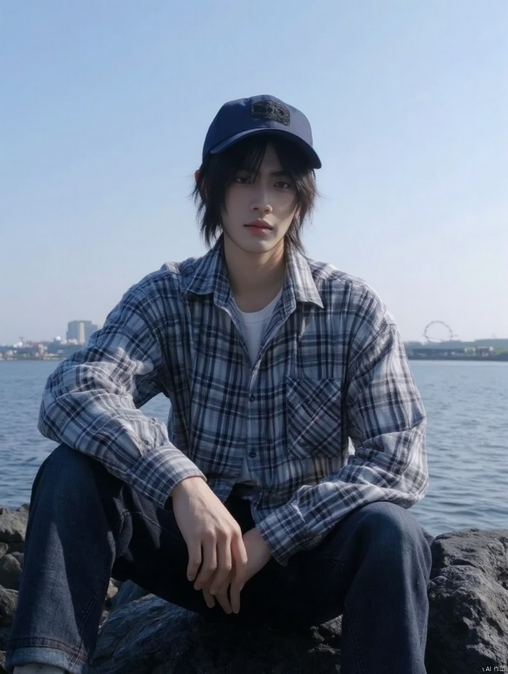 Close to a young Asian man,is seated on a large black rock. He is adorned with a blue and white plaid shirt. The man's hair is long,dark black,and he's wearing a blue baseball cap. The backdrop of the image is a body of water,with a clear blue sky above.,
