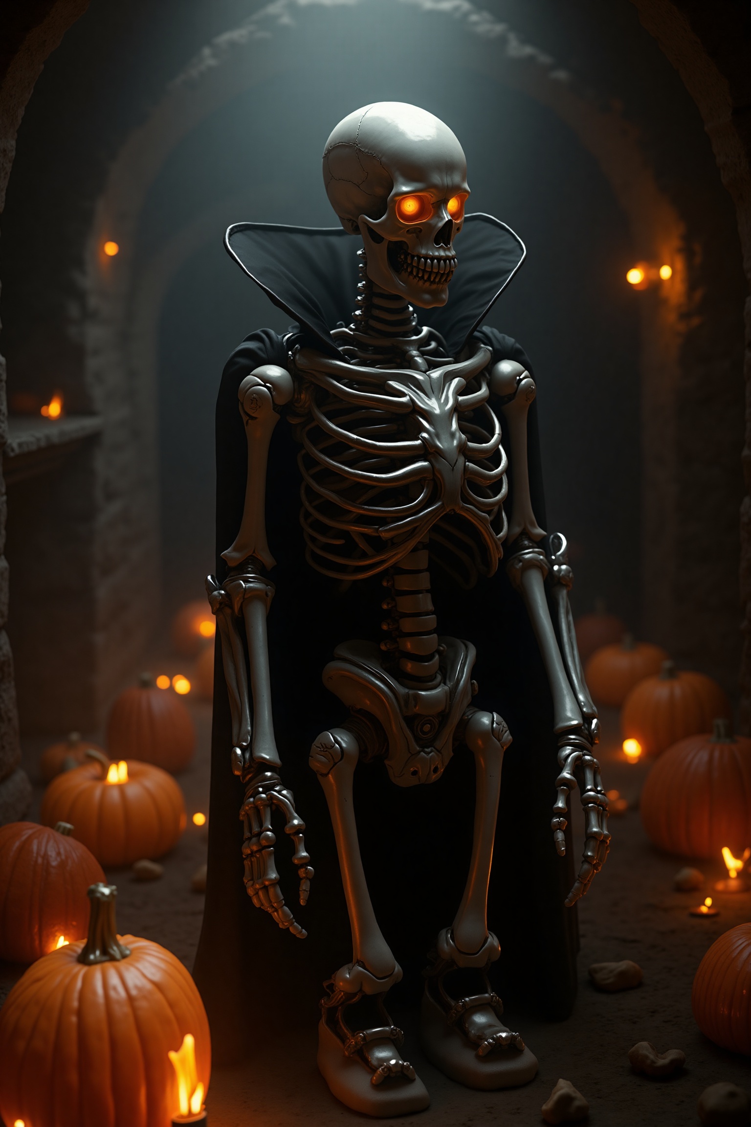 A dimly lit,  eerie scene with a silver robot skeleton wearing a vampire costume,  its skeletal frame adorned with shimmer...