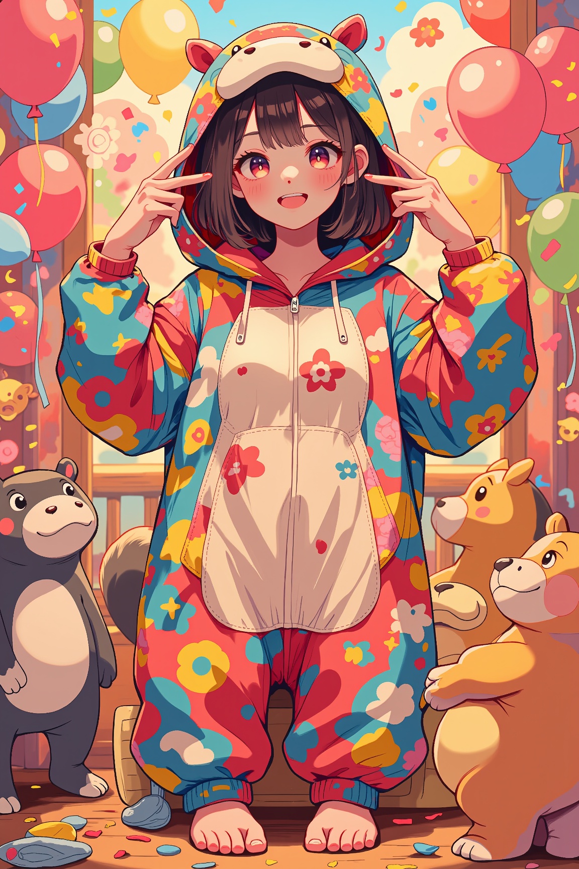 A lush,  cheerful woman in a colorful hippo kugurumi,  beautiful detailed eyes on Tensor.Art