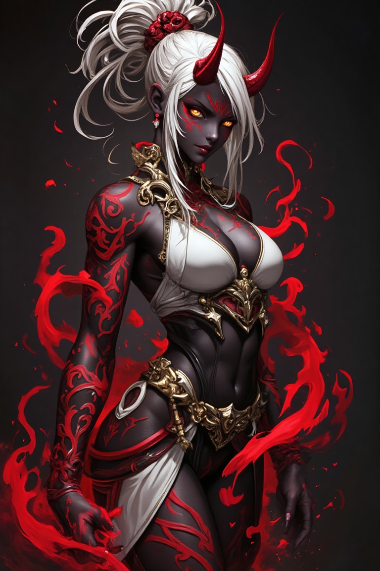 .Masterpiece,  best quality,  A striking dark-skinned female character with white hair styled in an elaborate updo on Tens...