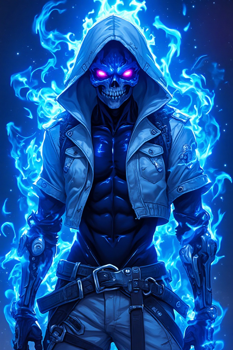 A menacing character with a glowing blue skull and bright pink eyes. The figure is surrounded by blue ethereal flames,  we...