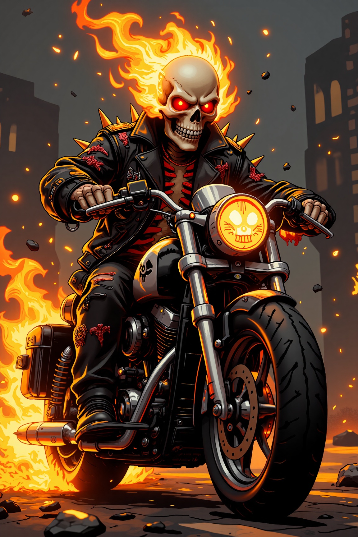 Conjure a terrifyingly real image of an evil Ghost Rider in a sinister horror style. Picture a burning skull atop a skelet...