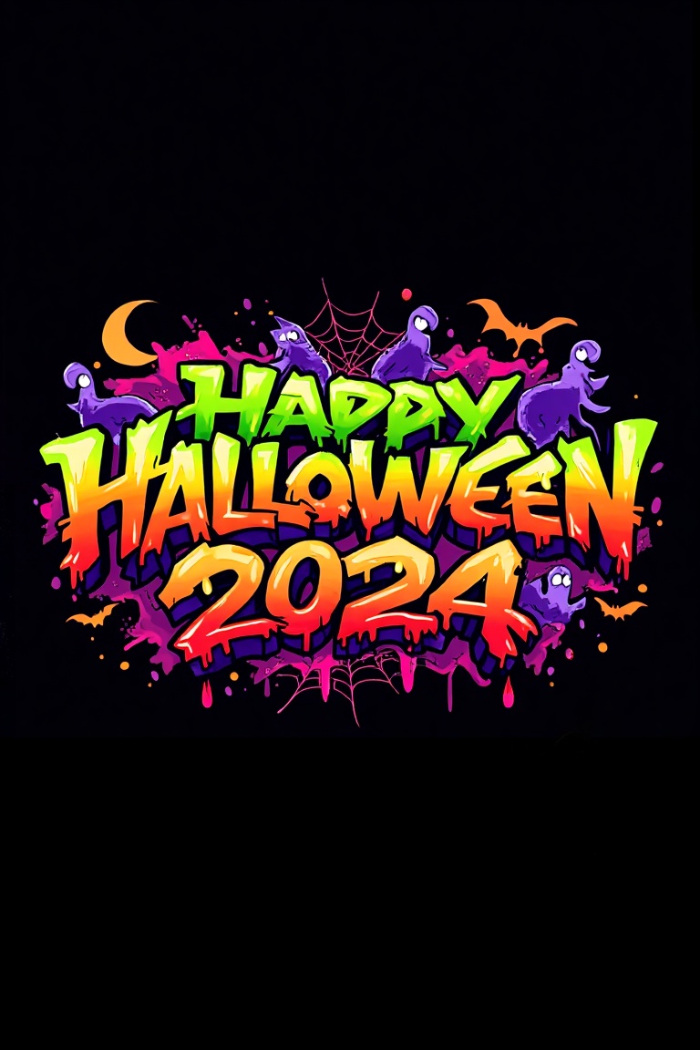 Create a vibrant 'Happy Halloween 2024' graffiti text in a bold,  3D street art style,  with dynamic on Tensor.Art