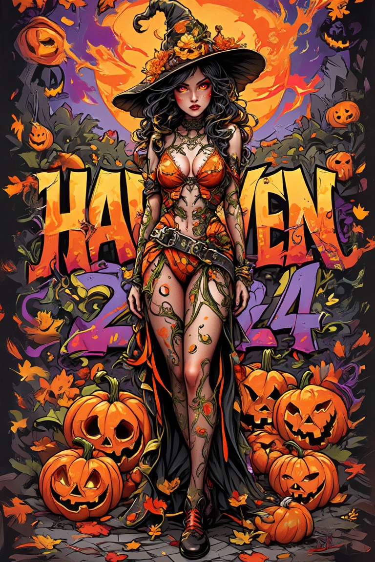 Stunning graffiti illustration by ZloyOrk. Haunted Pumpkin: A woman dressed as a pumpkin queen stands confidently,  adorne...