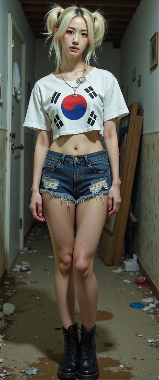 This image is a highly detailed,  realistic digital painting of a woman standing in a gritty,  rundown room. She is a youn...