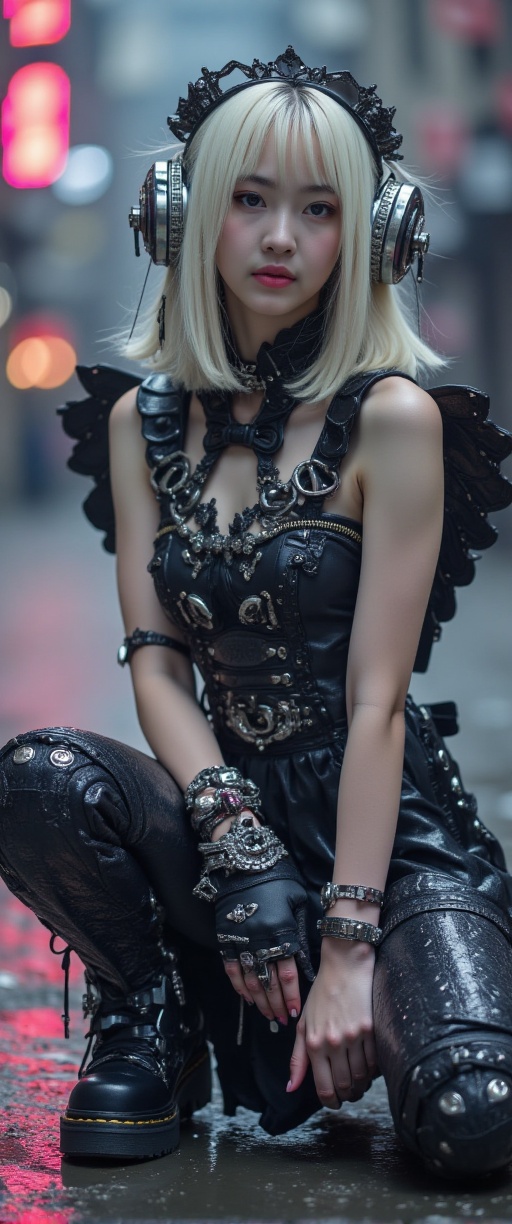 Create an anime-inspired character with gothic and cyberpunk influences. The character is a little cute girl with platinum...