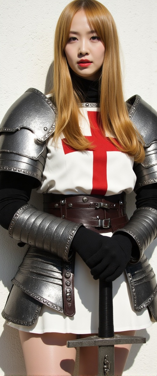 a medium-angle shot of a woman in a medieval-style armor,  adorned with a red cross on her chest. Her blonde hair is casca...