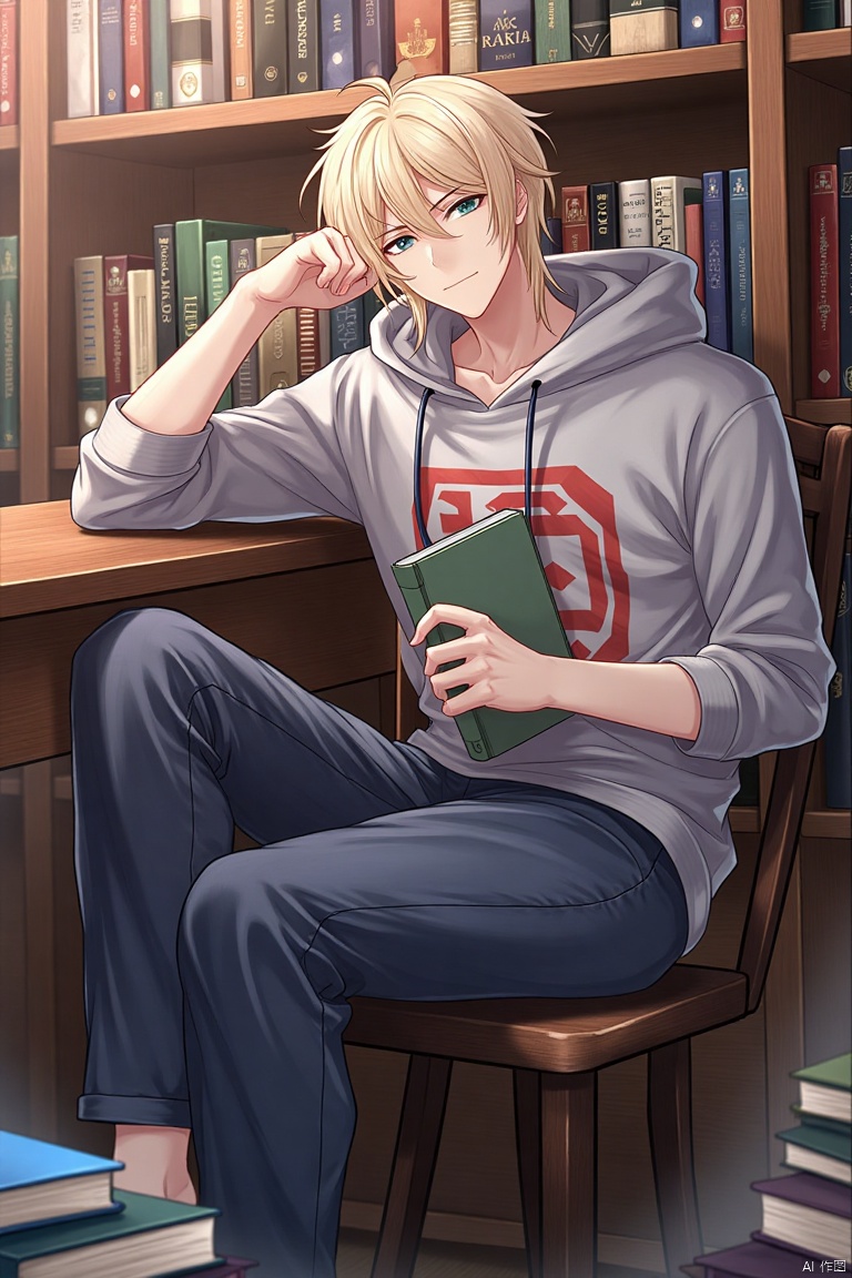 A solo male figure with a hoodie and pants sits in a library, holding a book and looking at the viewer. His hand rests on his face, and he is surrounded by a bookshelf filled with book stacks. The focus is on the male, with a hood covering his head, indoors in a library setting.