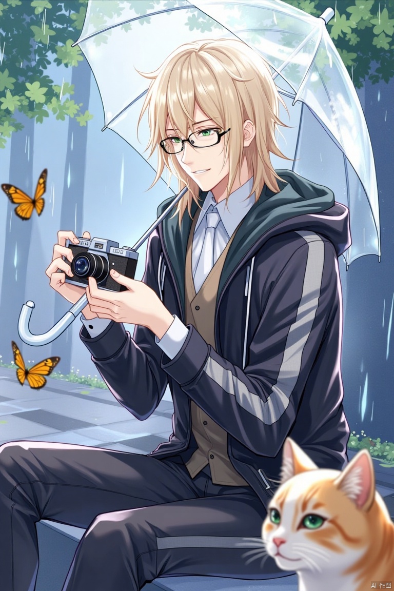A solo male figure with a transparent umbrella, wearing a collared shirt with long sleeves, a white necktie, and a vest, sits holding a camera and looking at a cat. He has glasses, a jacket, and pants, with a hood down, smiling and holding the umbrella. The focus is on the male, with feet out of frame, rain falling, and a butterfly nearby. The scene is set with a transparent umbrella and a camera in hand.