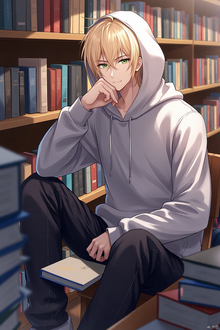 A solo male figure with a hoodie and pants sits in a library, holding a book and looking at the viewer. His hand rests on his face, and he is surrounded by a bookshelf filled with book stacks. The focus is on the male, with a hood covering his head, indoors in a library setting.