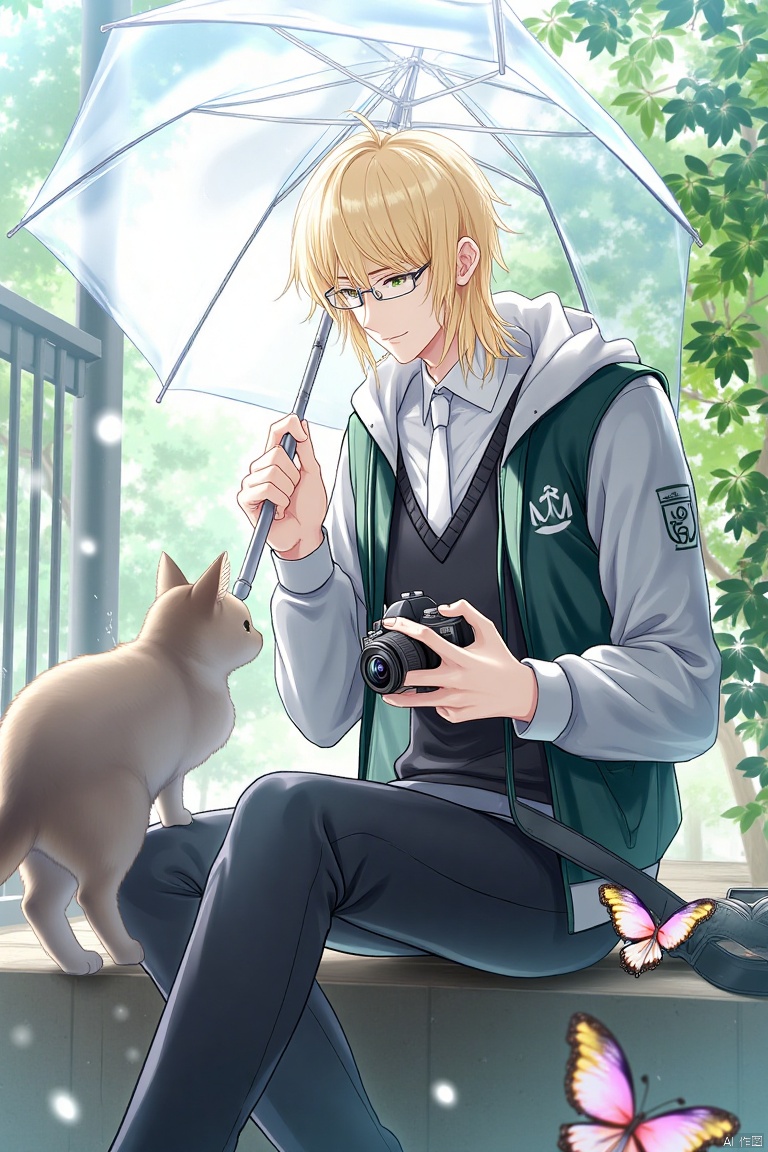 A solo male figure with a transparent umbrella, wearing a collared shirt with long sleeves, a white necktie, and a vest, sits holding a camera and looking at a cat. He has glasses, a jacket, and pants, with a hood down, smiling and holding the umbrella. The focus is on the male, with feet out of frame, rain falling, and a butterfly nearby. The scene is set with a transparent umbrella and a camera in hand.