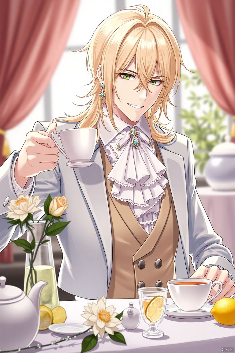 A male figure with medium hair, wearing a white shirt with long sleeves, a jacket with notched lapels, and a white ascot, smiles at the viewer. He holds a cup with a lemon slice, adorned with a brooch and earrings. A rose in a vase and a teapot on a table with a tablecloth and curtains in the background. A single white flower with petals and frills lies on the table, next to a lemon and a drinking glass. The focus is on the upper body, with gloves and a vest completing the ensemble.