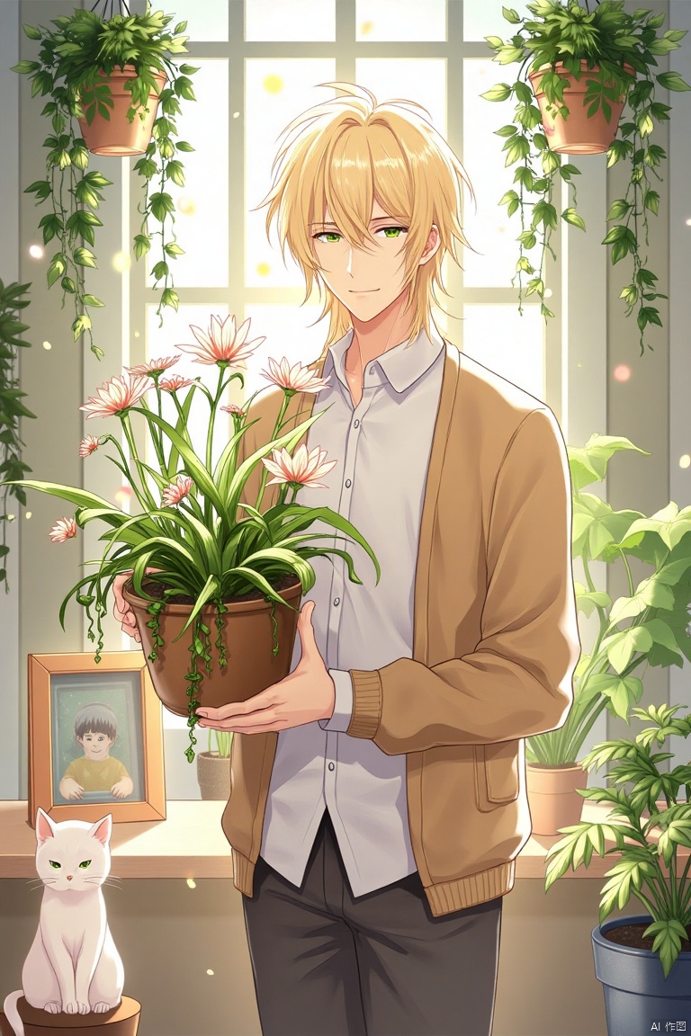 A solo male figure with medium hair, wearing a white collared shirt with long sleeves and pants, smiles at the viewer. He stands indoors, holding a potted plant with vines and flowers. A cat sits nearby, and hanging plants adorn the background. Light particles float around, and a picture frame rests on a surface. The focus is on the male, with a cardigan and closed mouth, surrounded by plants and light.