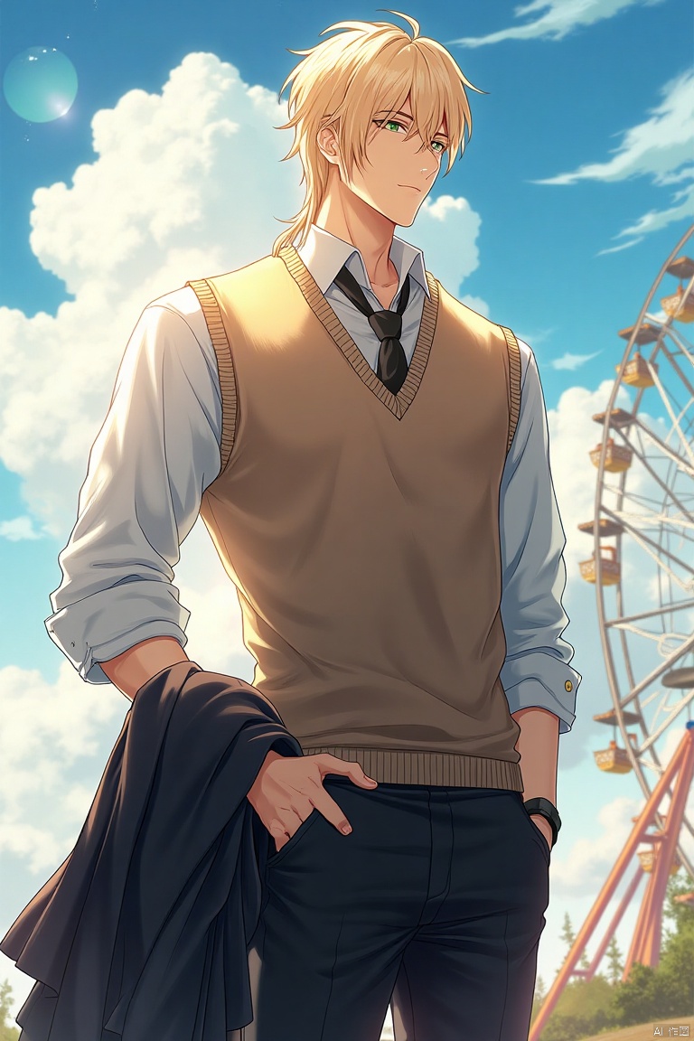 A solo male figure in a collared shirt with long sleeves, a sweater vest, and pants stands outdoors, hand in pocket, holding an unworn jacket. He wears a necktie and a closed mouth, looking to the side with a lens flare effect. The male focus is on him, with a cowboy shot framing, clouds and sky in the background, and a ferris wheel nearby. The scene is set outdoors, with an unworn jacket in hand.