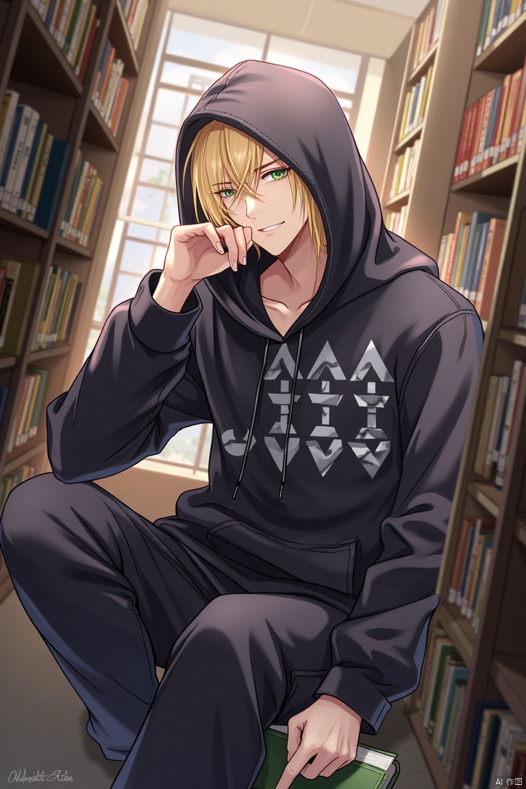 A solo male figure with a hoodie and pants sits in a library, holding a book and looking at the viewer. His hand rests on his face, and he is surrounded by a bookshelf filled with book stacks. The focus is on the male, with a hood covering his head, indoors in a library setting.