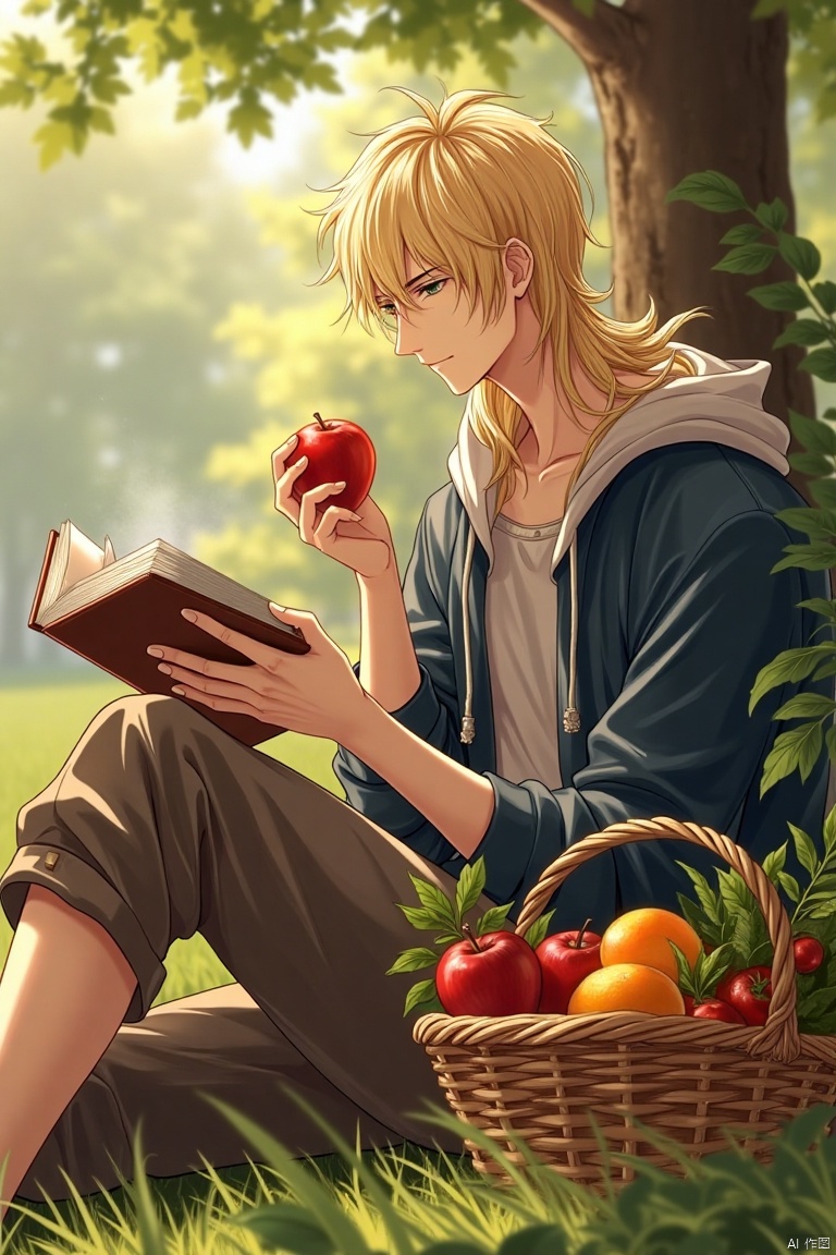 A solo male figure sits outdoors, holding an apple and a basket of fruit while reading a book. The focus is on the male, with a blurry tree in the background. He is sitting and holding food, surrounded by nature.