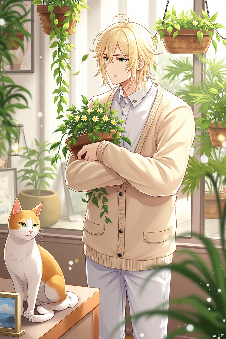 A solo male figure with medium hair, wearing a white collared shirt with long sleeves and pants, smiles at the viewer. He stands indoors, holding a potted plant with vines and flowers. A cat sits nearby, and hanging plants adorn the background. Light particles float around, and a picture frame rests on a surface. The focus is on the male, with a cardigan and closed mouth, surrounded by plants and light.