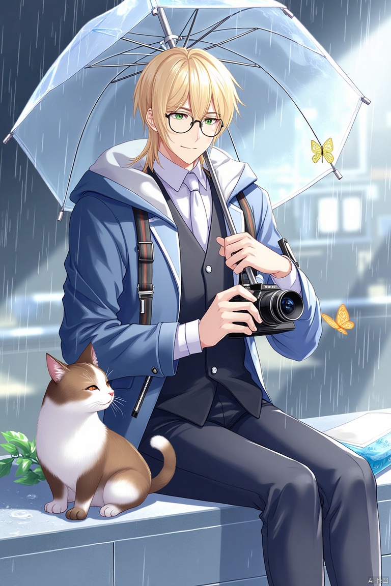 A solo male figure with a transparent umbrella, wearing a collared shirt with long sleeves, a white necktie, and a vest, sits holding a camera and looking at a cat. He has glasses, a jacket, and pants, with a hood down, smiling and holding the umbrella. The focus is on the male, with feet out of frame, rain falling, and a butterfly nearby. The scene is set with a transparent umbrella and a camera in hand.