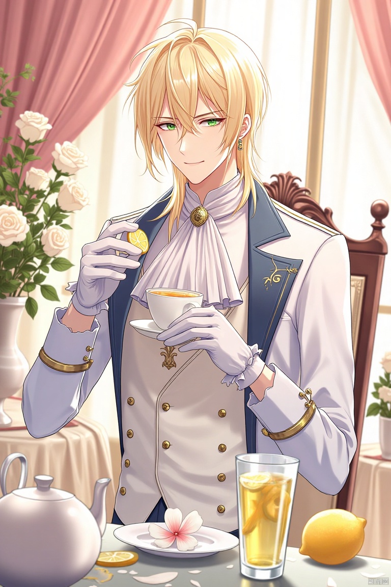 A male figure with medium hair, wearing a white shirt with long sleeves, a jacket with notched lapels, and a white ascot, smiles at the viewer. He holds a cup with a lemon slice, adorned with a brooch and earrings. A rose in a vase and a teapot on a table with a tablecloth and curtains in the background. A single white flower with petals and frills lies on the table, next to a lemon and a drinking glass. The focus is on the upper body, with gloves and a vest completing the ensemble.