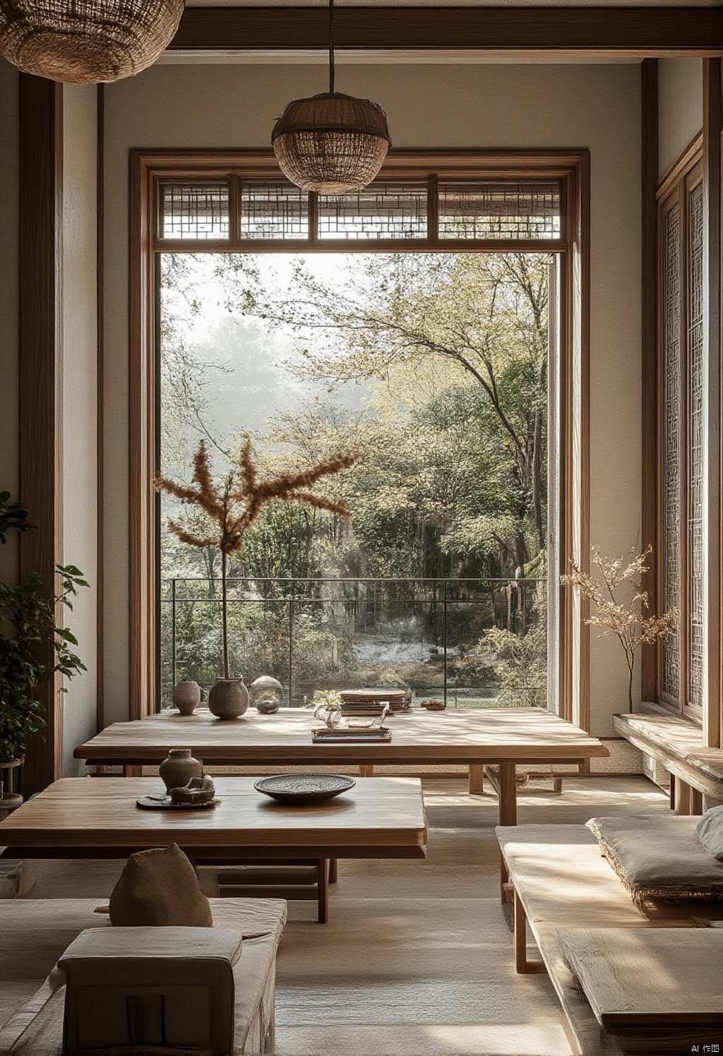Chinese design style,Captured from a high-angle perspective on a sunny day,a table is situated in front of a window. The table is made of a light-colored wood
