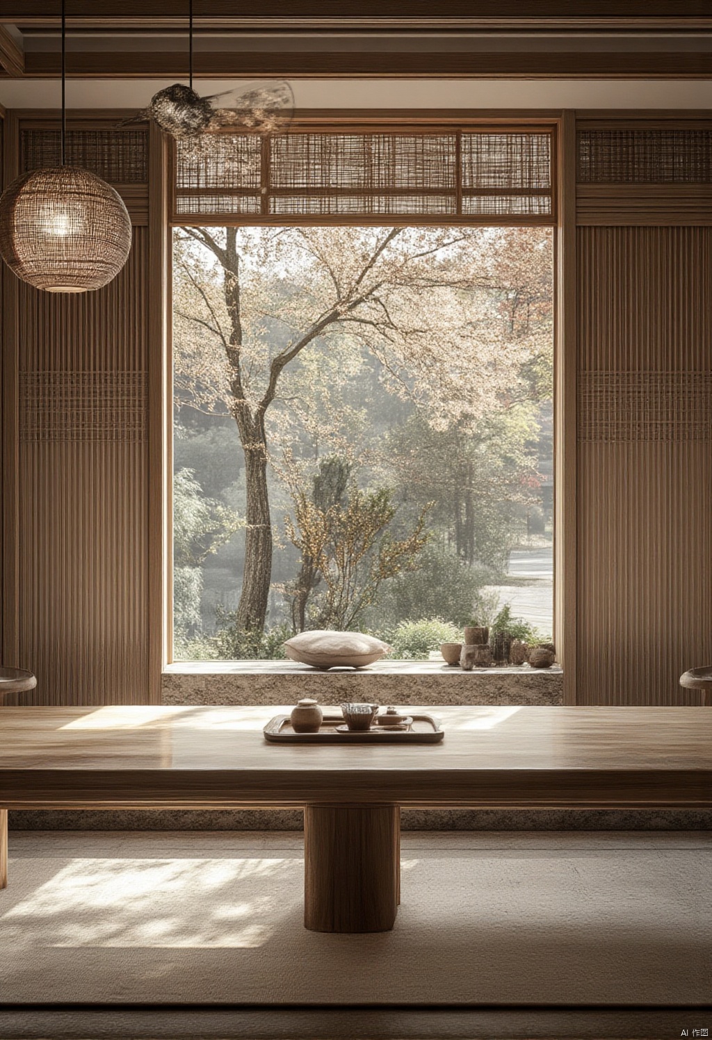 Chinese design style,Captured from a high-angle perspective on a sunny day,a table is situated in front of a window. The table is made of a light-colored wood
