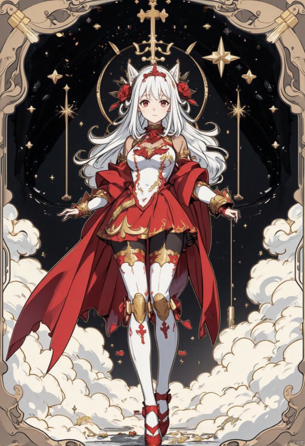 Card design,An animated image of a woman with long white hair and a crown on her head. She is wearing a red and white dress with a long red cape over her shoulders. The woman is standing in front of a black background with white clouds on it. There are gold stars on the left side of the image. There is a gold cross on the top of the black background.
