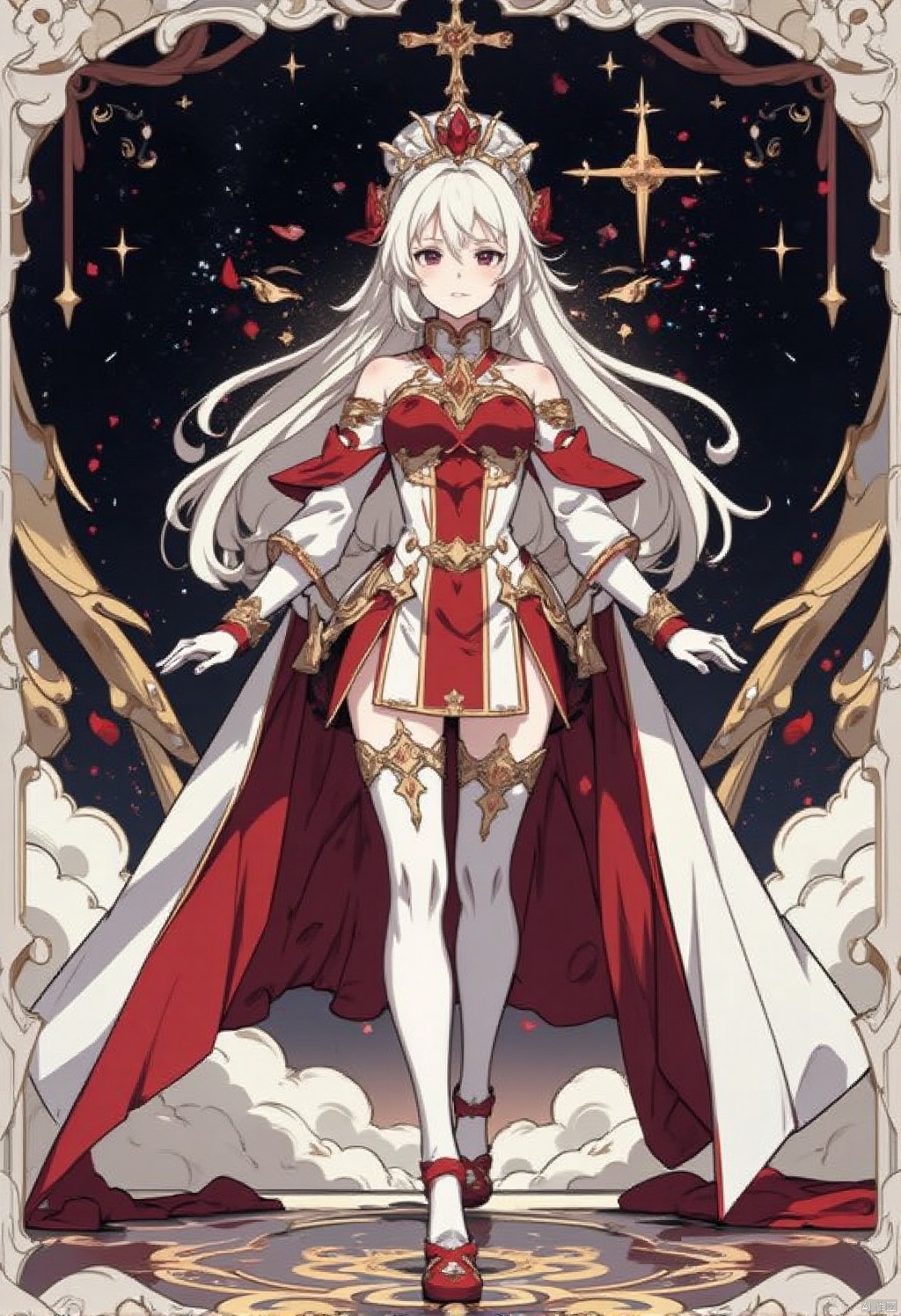 Card design,An animated image of a woman with long white hair and a crown on her head. She is wearing a red and white dress with a long red cape over her shoulders. The woman is standing in front of a black background with white clouds on it. There are gold stars on the left side of the image. There is a gold cross on the top of the black background.
